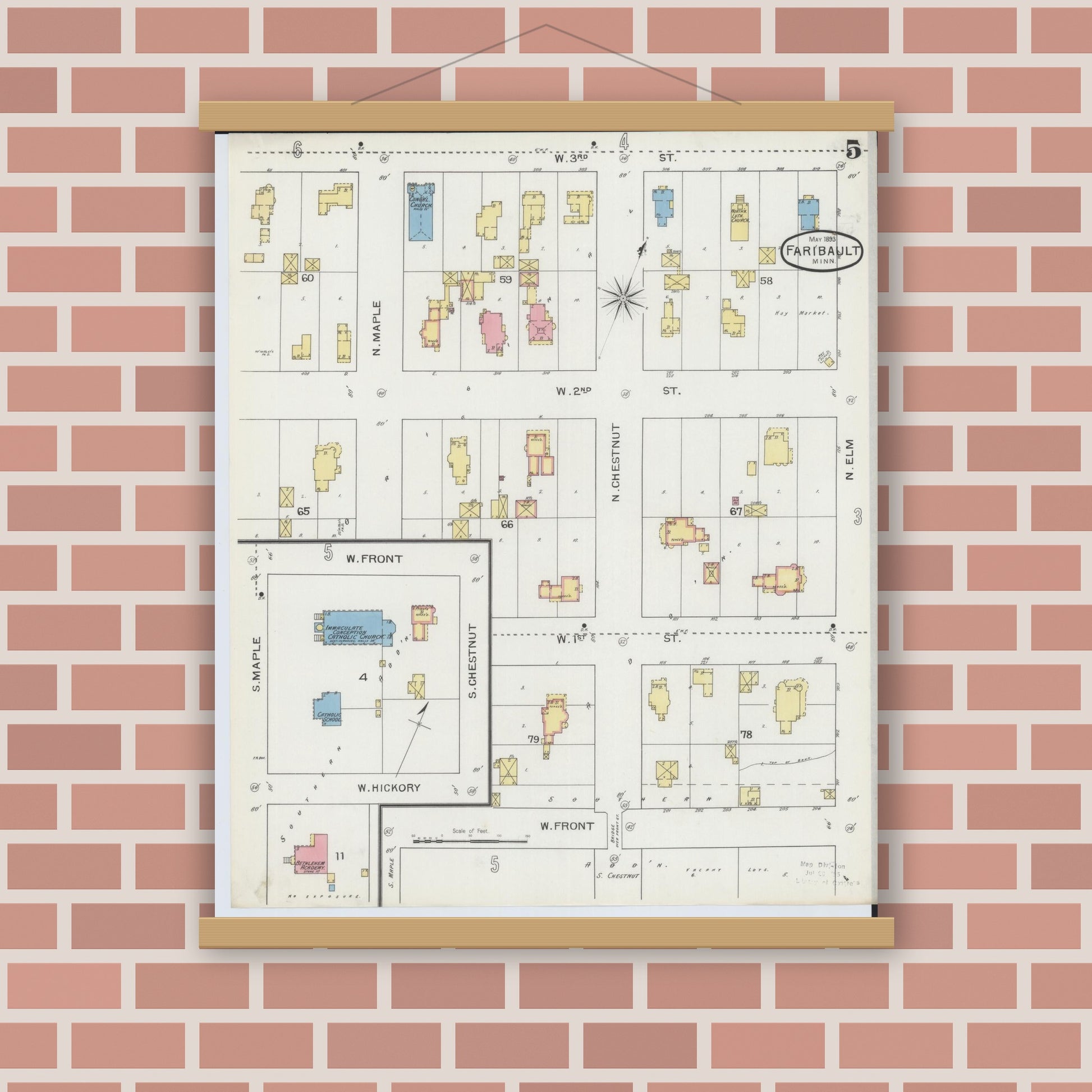 Old map wall art mockup — magnetic wood frame on brick wall — Sanborn Fire Insurance Map from Faribault, Rice County, Minnesota (1893), Sheet #0005
