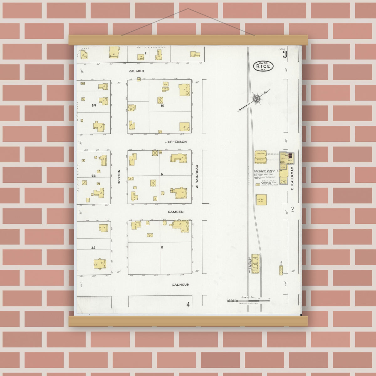 Old map wall art mockup — magnetic wood frame on brick wall — Sanborn Fire Insurance Map from Rice, Navarro County, Texas (1921), Sheet #0003