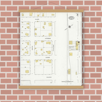 Old map wall art mockup — magnetic wood frame on brick wall — Sanborn Fire Insurance Map from Rice, Navarro County, Texas (1921), Sheet #0003