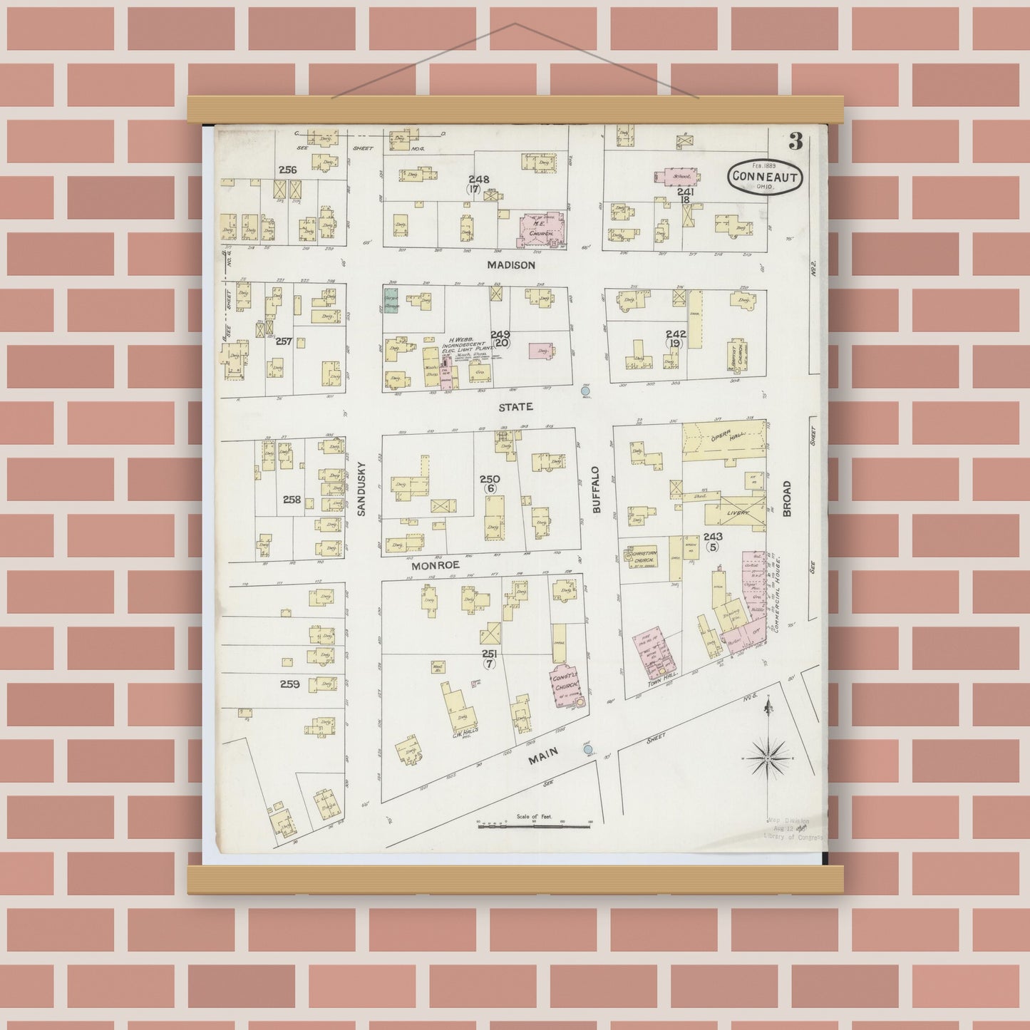 Old map wall art mockup — magnetic wood frame on brick wall — Sanborn Fire Insurance Map from Conneaut, Ashtabula County, Ohio (1889), Sheet #0003