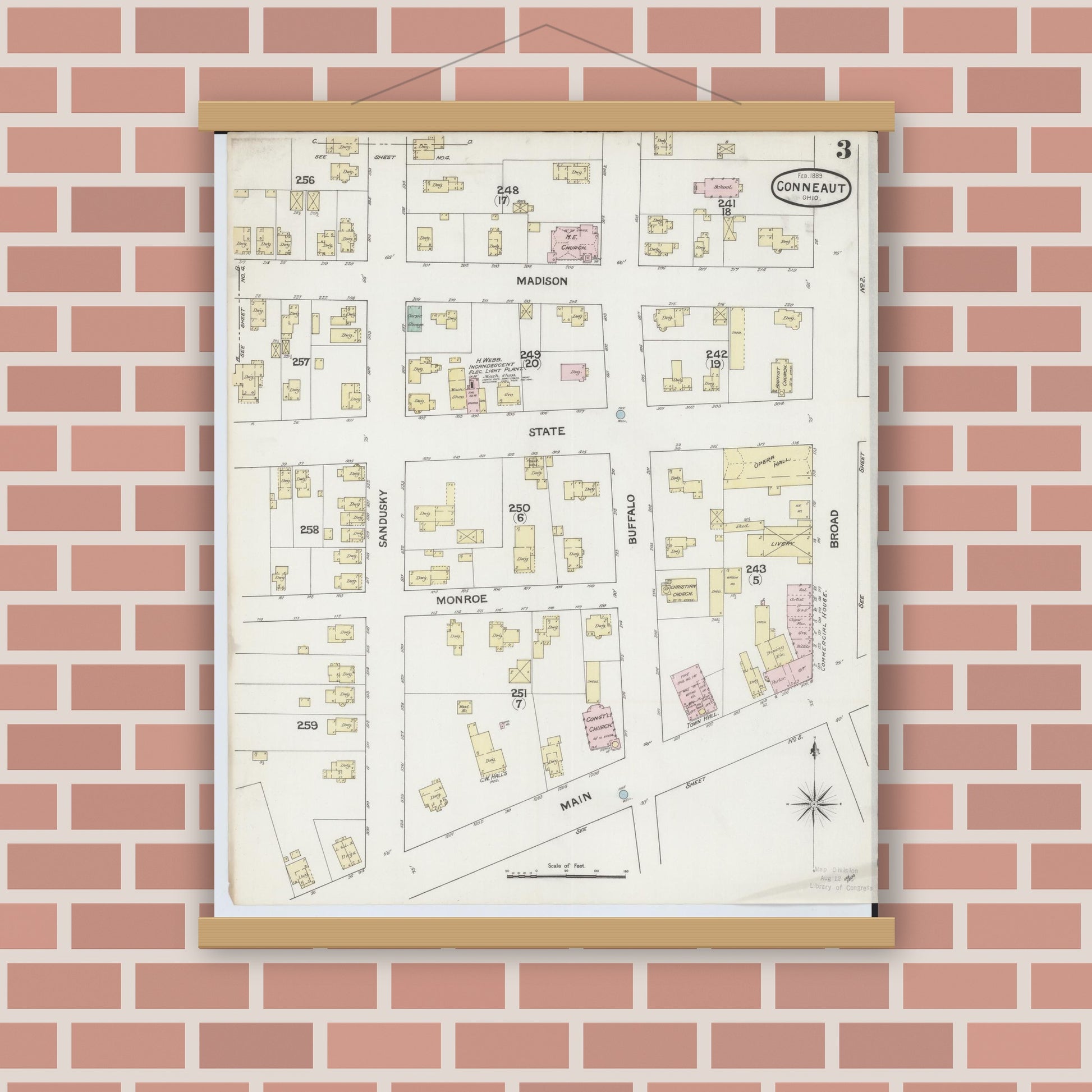 Old map wall art mockup — magnetic wood frame on brick wall — Sanborn Fire Insurance Map from Conneaut, Ashtabula County, Ohio (1889), Sheet #0003