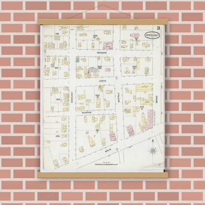 Old map wall art mockup — magnetic wood frame on brick wall — Sanborn Fire Insurance Map from Conneaut, Ashtabula County, Ohio (1889), Sheet #0003