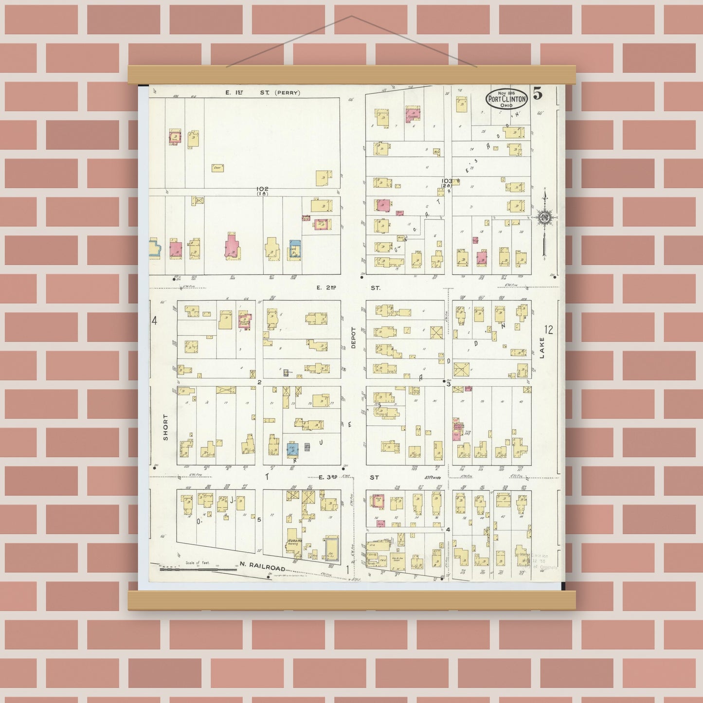 Old map wall art mockup — magnetic wood frame on brick wall — Sanborn Fire Insurance Map from Port Clinton, Ottawa County, Ohio (1916), Sheet #0005