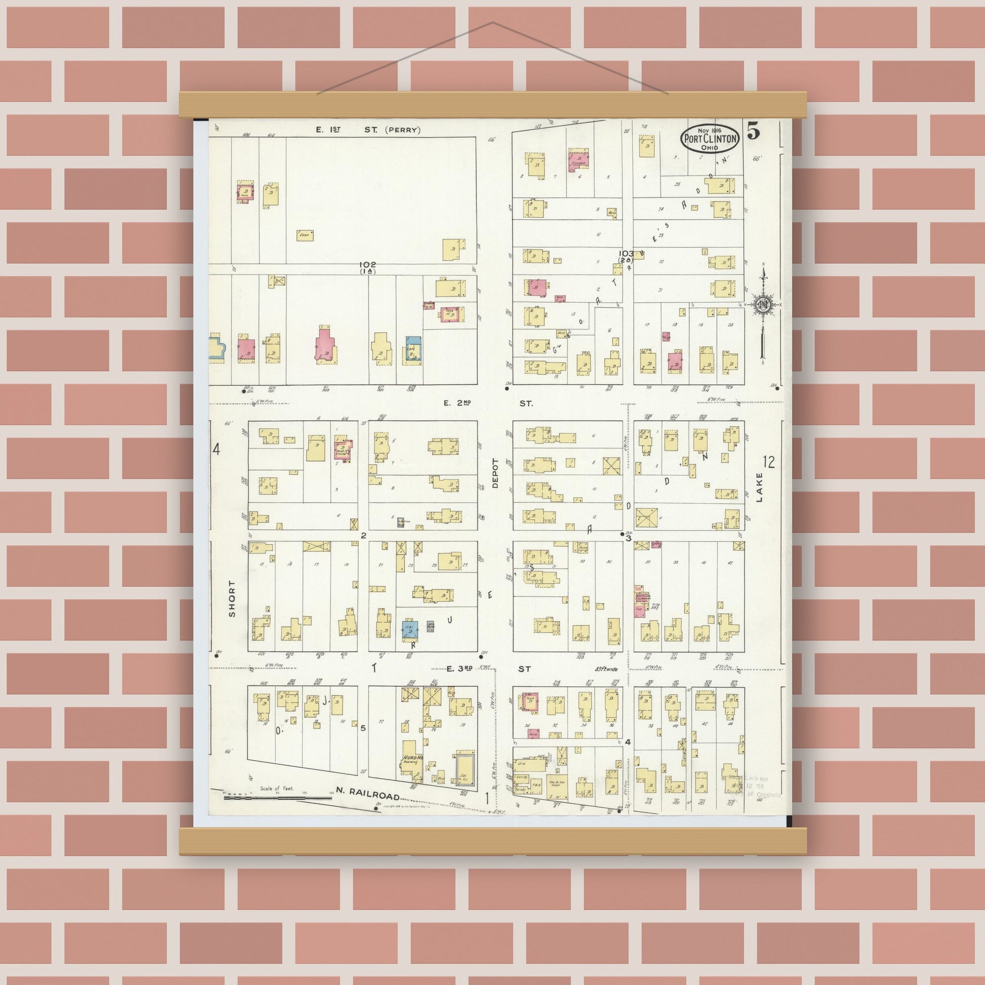 Old map wall art mockup — magnetic wood frame on brick wall — Sanborn Fire Insurance Map from Port Clinton, Ottawa County, Ohio (1916), Sheet #0005