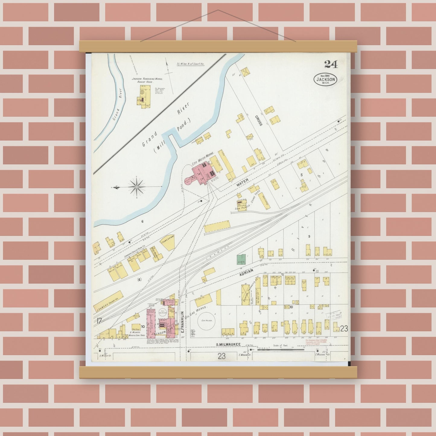 Old map wall art mockup — magnetic wood frame on brick wall — Sanborn Fire Insurance Map from Jackson, Jackson County, Michigan (1899), Sheet #0024