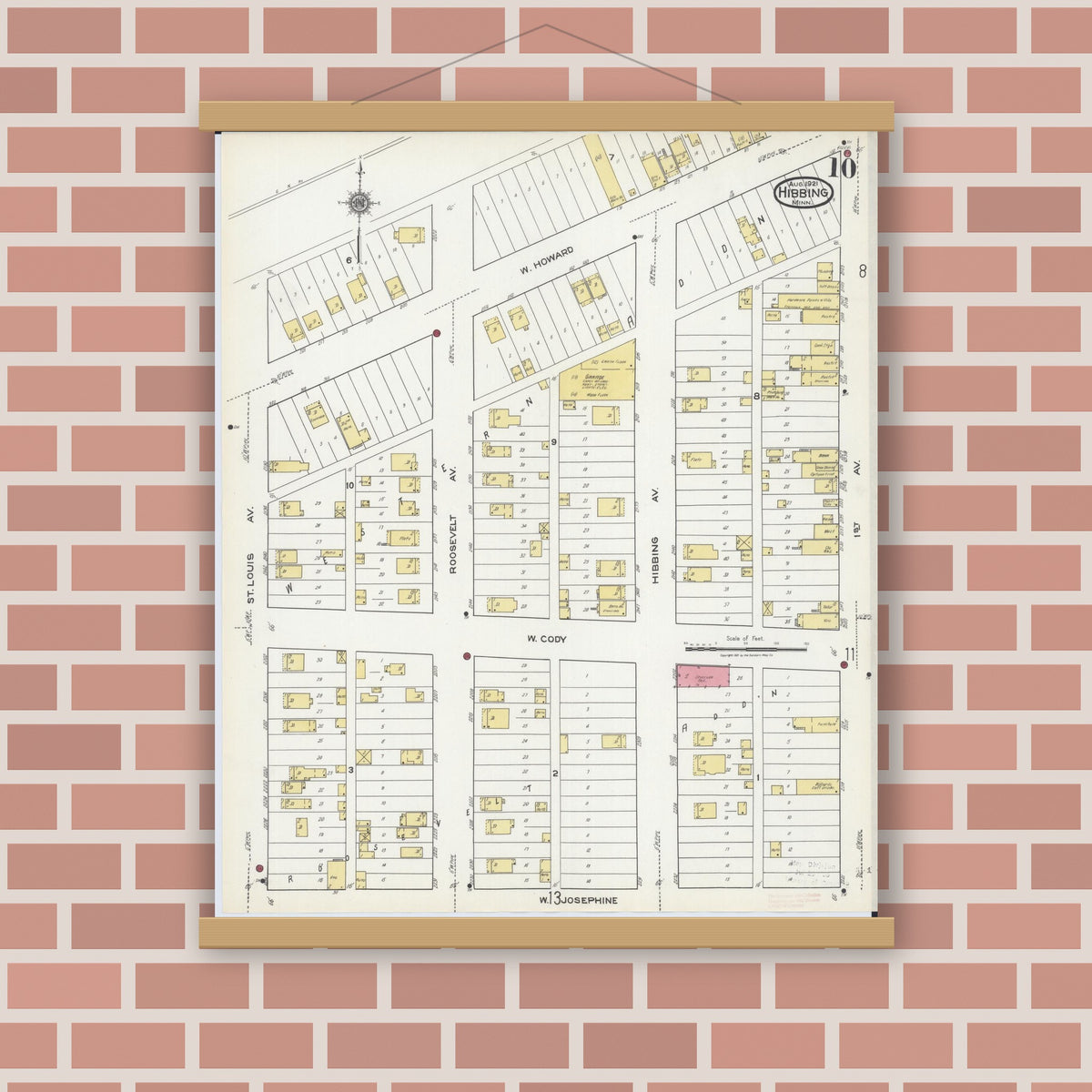 Old map wall art mockup — magnetic wood frame on brick wall — Sanborn Fire Insurance Map from Hibbing, Saint Louis County, Minnesota (1921), Sheet #0010