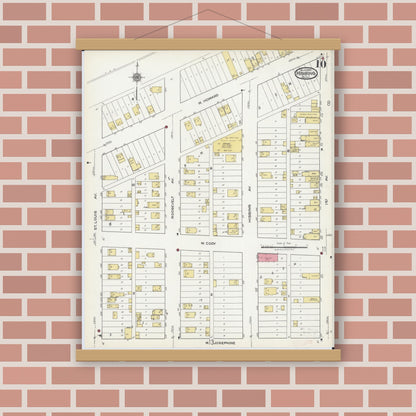 Old map wall art mockup — magnetic wood frame on brick wall — Sanborn Fire Insurance Map from Hibbing, Saint Louis County, Minnesota (1921), Sheet #0010