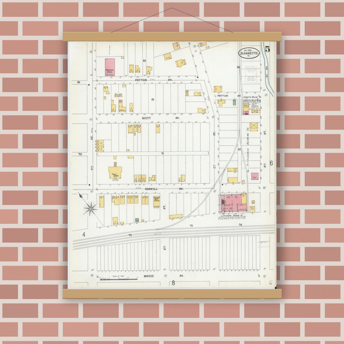 Old map wall art mockup — magnetic wood frame on brick wall — Sanborn Fire Insurance Map from Jeannette, Westmoreland County, Pennsylvania (1900), Sheet #0005