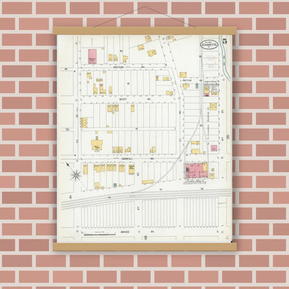 Old map wall art mockup — magnetic wood frame on brick wall — Sanborn Fire Insurance Map from Jeannette, Westmoreland County, Pennsylvania (1900), Sheet #0005