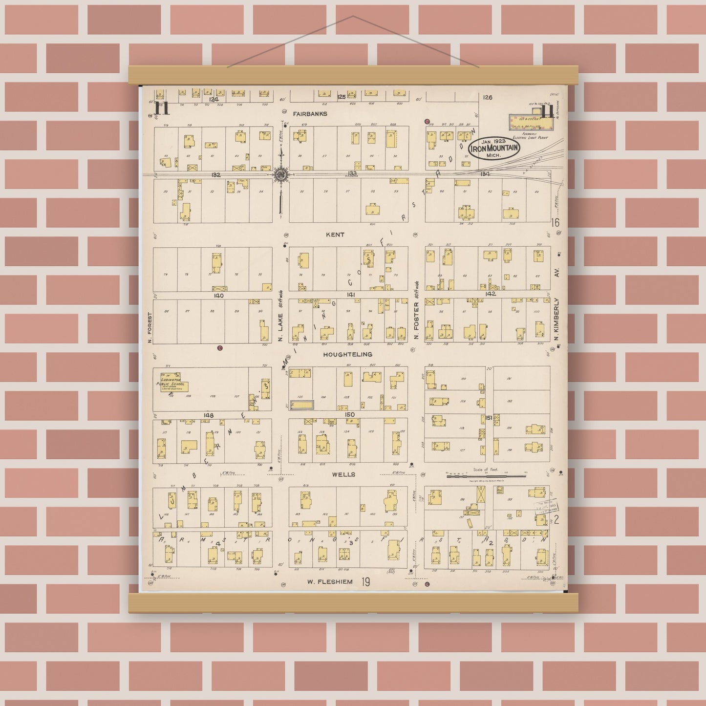 Old map wall art mockup — magnetic wood frame on brick wall — Sanborn Fire Insurance Map from Iron Mountain, Dickinson County, Michigan (1923), Sheet #0011