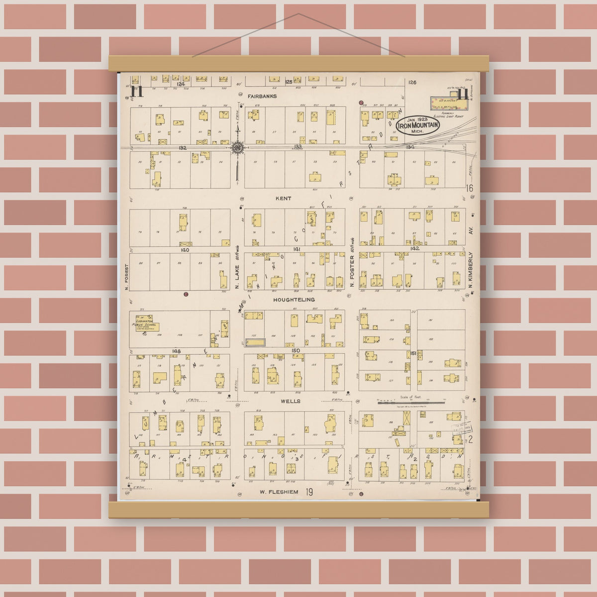 Old map wall art mockup — magnetic wood frame on brick wall — Sanborn Fire Insurance Map from Iron Mountain, Dickinson County, Michigan (1923), Sheet #0011