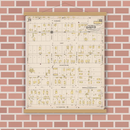 Old map wall art mockup — magnetic wood frame on brick wall — Sanborn Fire Insurance Map from Iron Mountain, Dickinson County, Michigan (1923), Sheet #0011