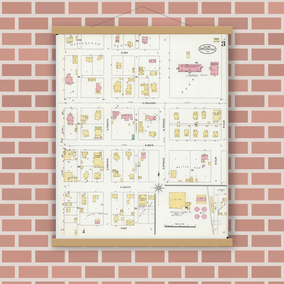 Old map wall art mockup — magnetic wood frame on brick wall — Sanborn Fire Insurance Map from Greenville, Bond County, Illinois (1906), Sheet #0003