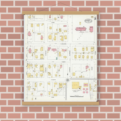Old map wall art mockup — magnetic wood frame on brick wall — Sanborn Fire Insurance Map from Greenville, Bond County, Illinois (1906), Sheet #0003