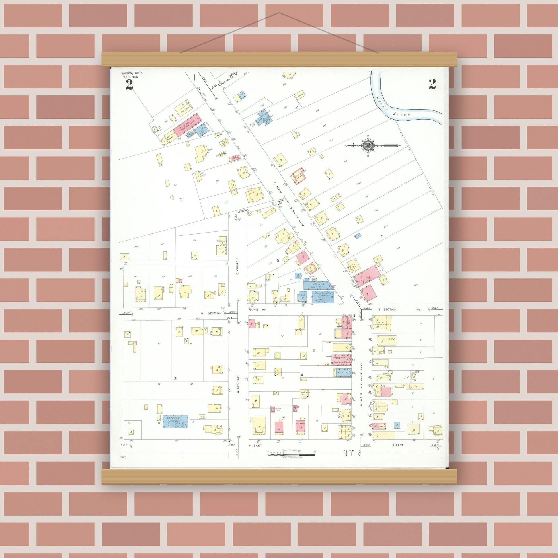 Old map wall art mockup — magnetic wood frame on brick wall — Sanborn Fire Insurance Map from Mason, Warren County, Ohio (1946), Sheet #0002