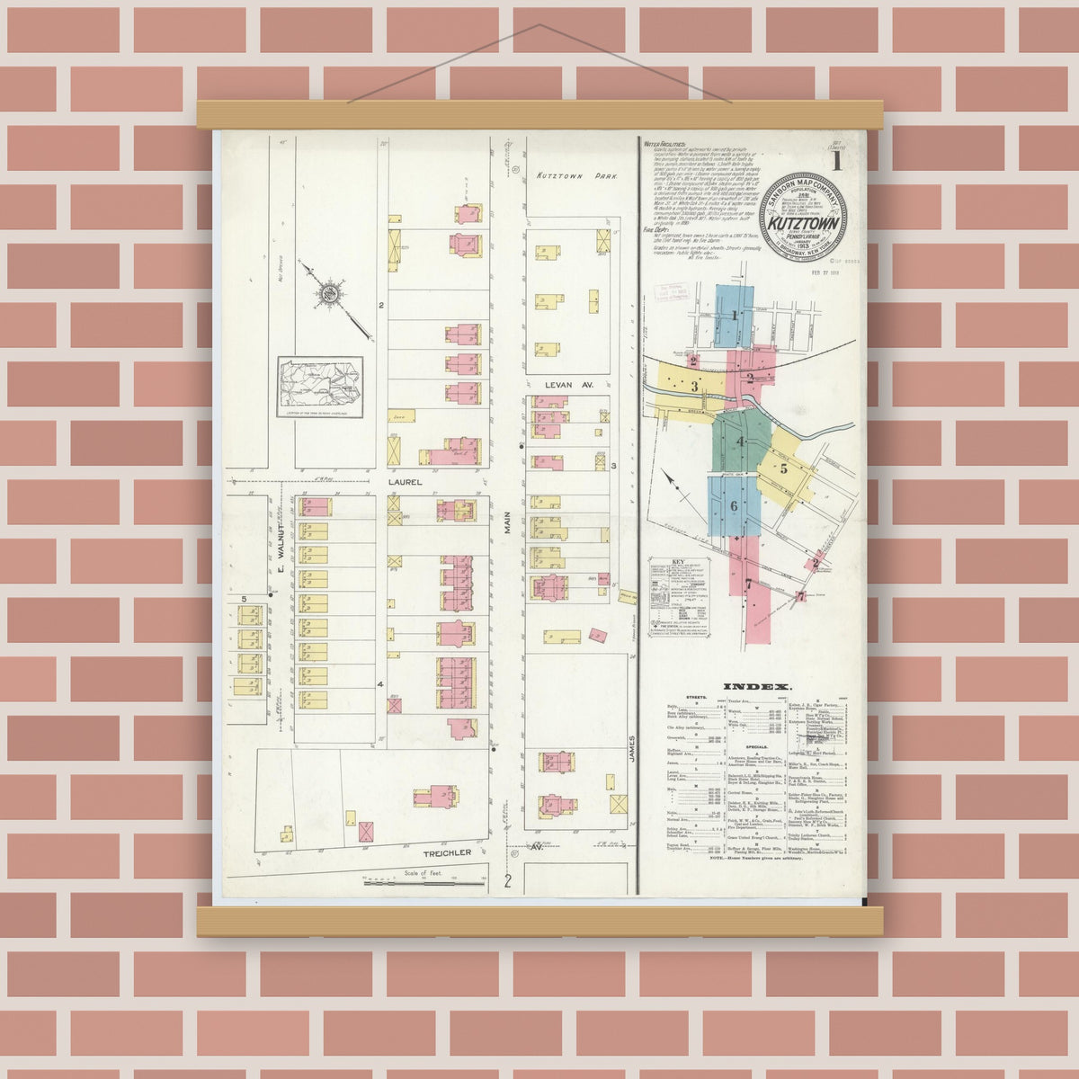 Old map wall art mockup — magnetic wood frame on brick wall — Sanborn Fire Insurance Map from Kutztown, Berks County, Pennsylvania (1913), Sheet #0001