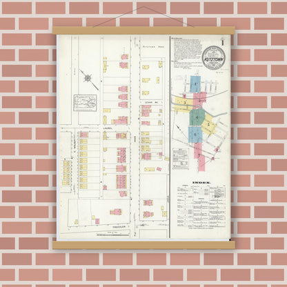 Old map wall art mockup — magnetic wood frame on brick wall — Sanborn Fire Insurance Map from Kutztown, Berks County, Pennsylvania (1913), Sheet #0001