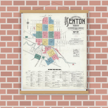 Old map wall art mockup — magnetic wood frame on brick wall — Sanborn Fire Insurance Map from Kenton, Hardin County, Ohio (1911), Sheet #0001