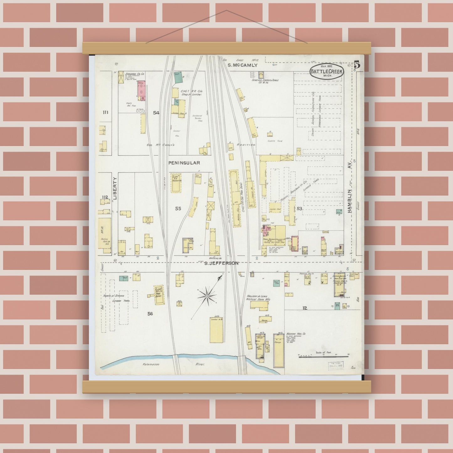 Old map wall art mockup — magnetic wood frame on brick wall — Sanborn Fire Insurance Map from Battle Creek, Calhoun County, Michigan (1892), Sheet #0005