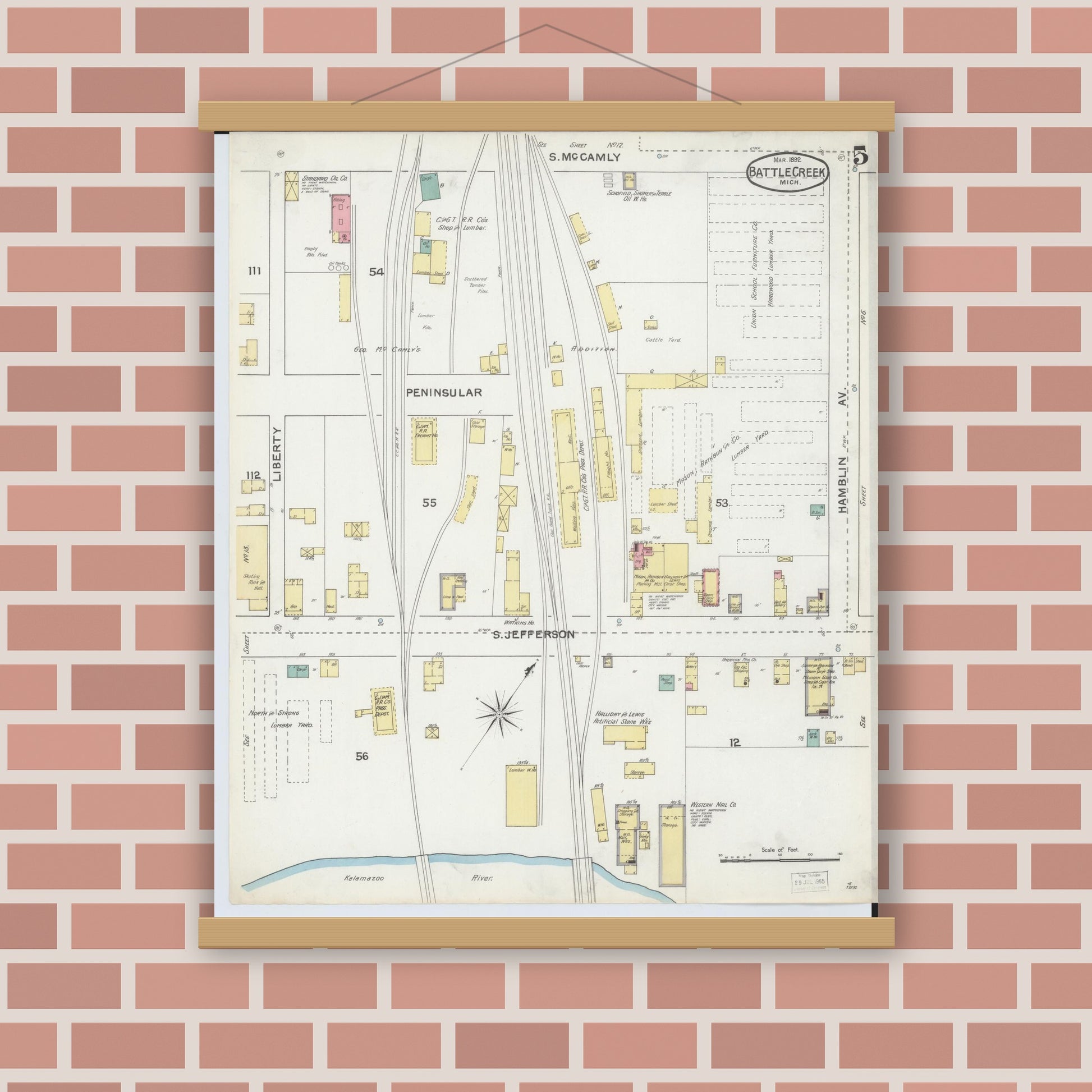 Old map wall art mockup — magnetic wood frame on brick wall — Sanborn Fire Insurance Map from Battle Creek, Calhoun County, Michigan (1892), Sheet #0005