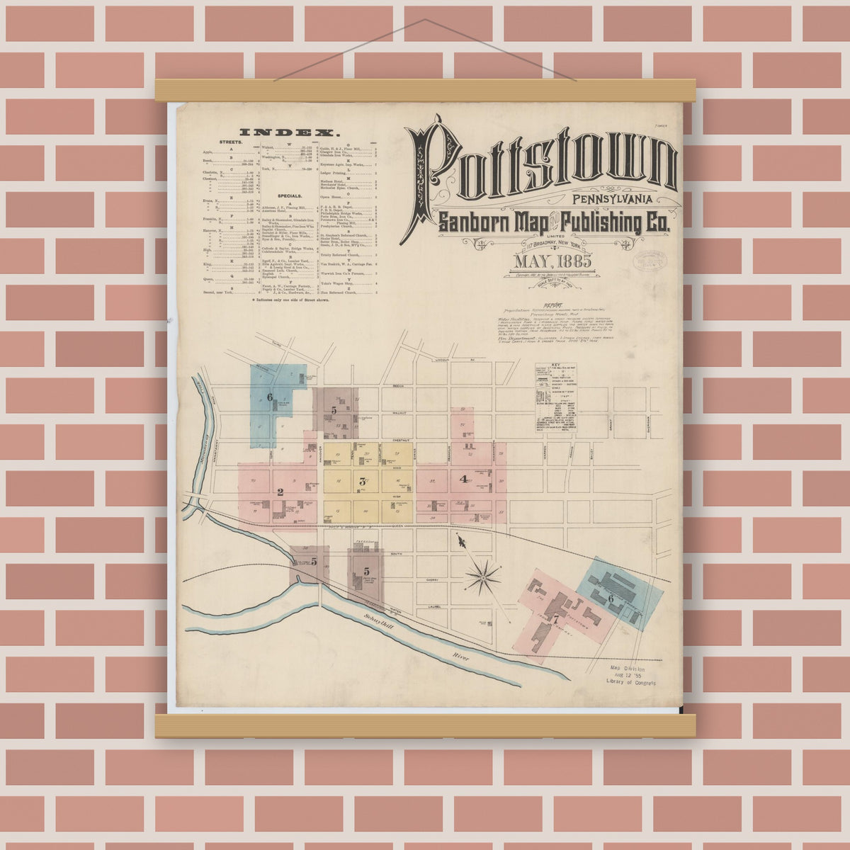 Old map wall art mockup — magnetic wood frame on brick wall — Sanborn Fire Insurance Map from Pottstown, Montgomery County, Pennsylvania (1885), Sheet #0001