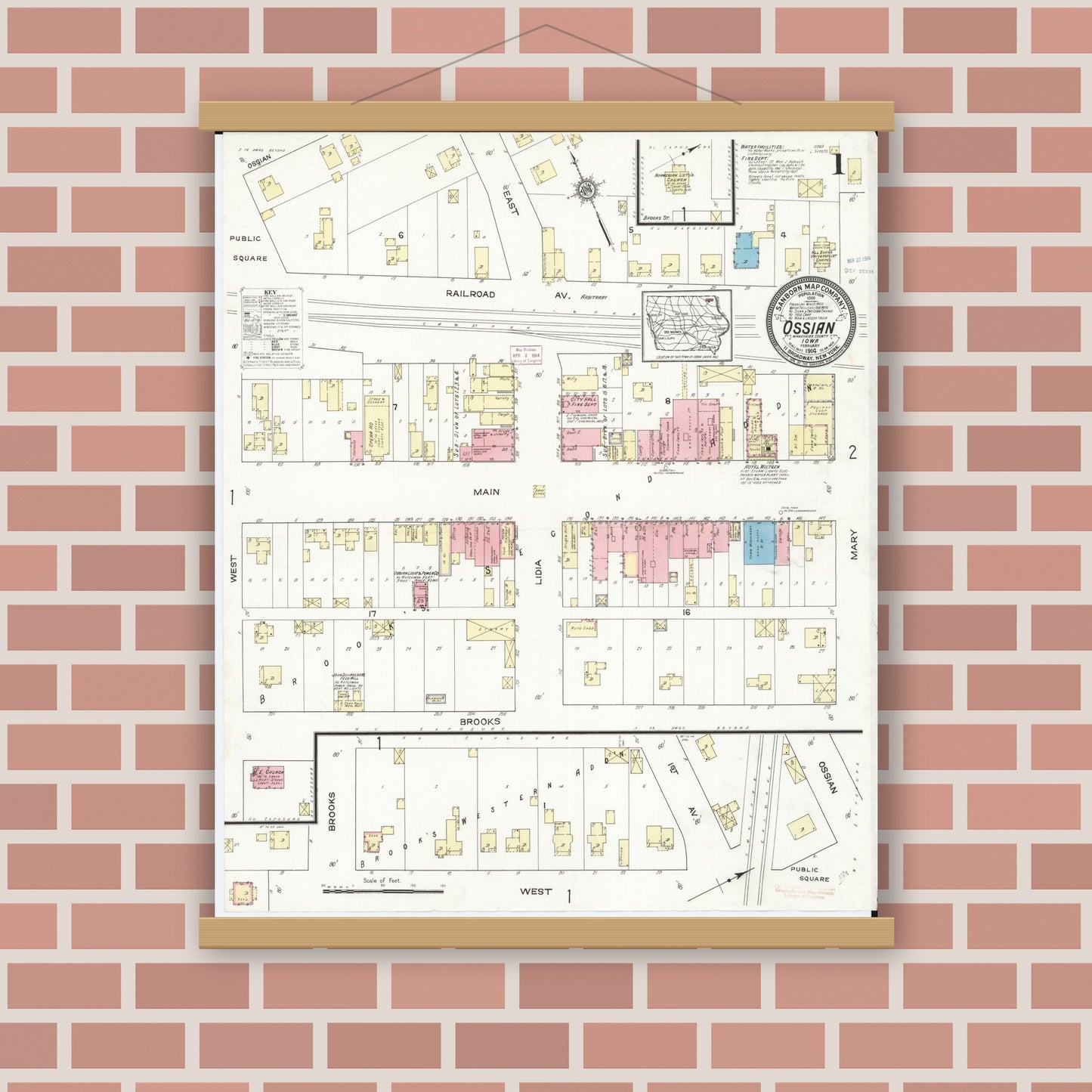 Old map wall art mockup — magnetic wood frame on brick wall — Sanborn Fire Insurance Map from Ossian, Winneshiek County, Iowa (1914) â€” Complete Set