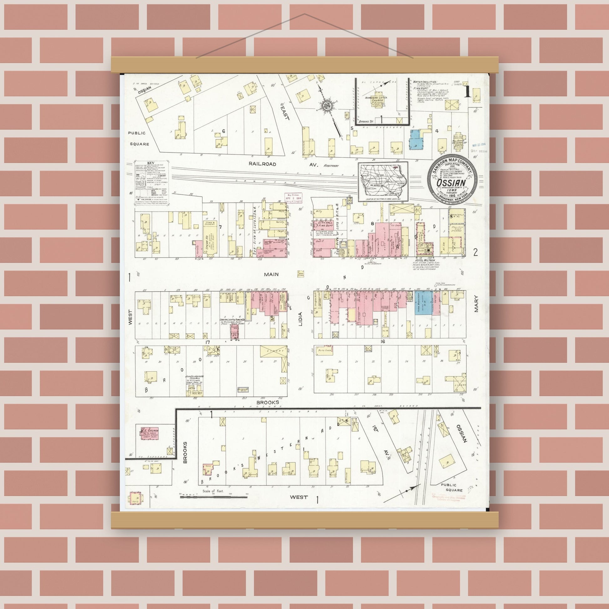 Old map wall art mockup — magnetic wood frame on brick wall — Sanborn Fire Insurance Map from Ossian, Winneshiek County, Iowa (1914) â€” Complete Set