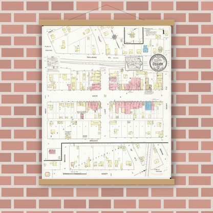 Old map wall art mockup — magnetic wood frame on brick wall — Sanborn Fire Insurance Map from Ossian, Winneshiek County, Iowa (1914) â€” Complete Set