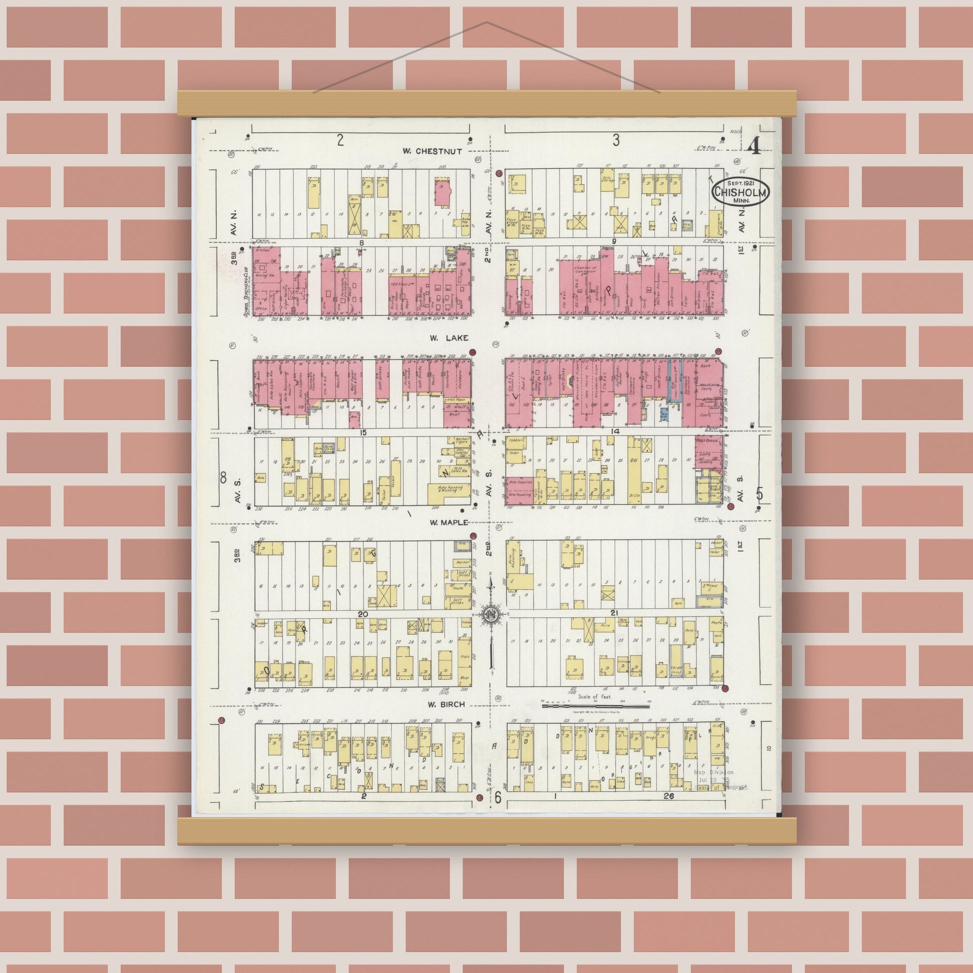 Old map wall art mockup — magnetic wood frame on brick wall — Sanborn Fire Insurance Map from Chisholm, Saint Louis County, Minnesota (1921), Sheet #0004
