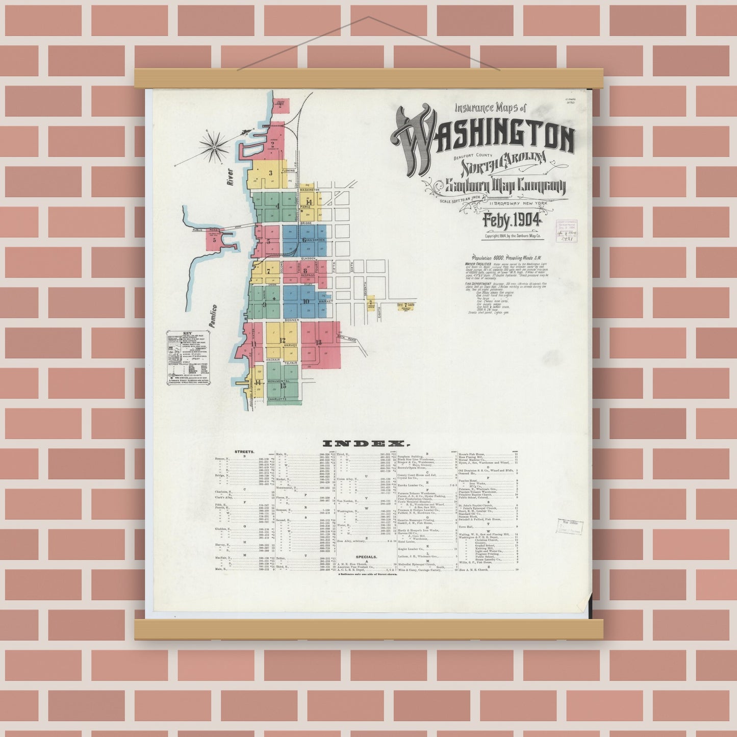 Old map wall art mockup — magnetic wood frame on brick wall — Sanborn Fire Insurance Map from Washington, Beaufort County, North Carolina (1904) - Complete Map Set