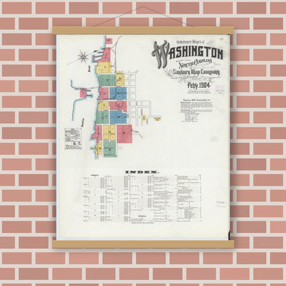 Old map wall art mockup — magnetic wood frame on brick wall — Sanborn Fire Insurance Map from Washington, Beaufort County, North Carolina (1904) - Complete Map Set