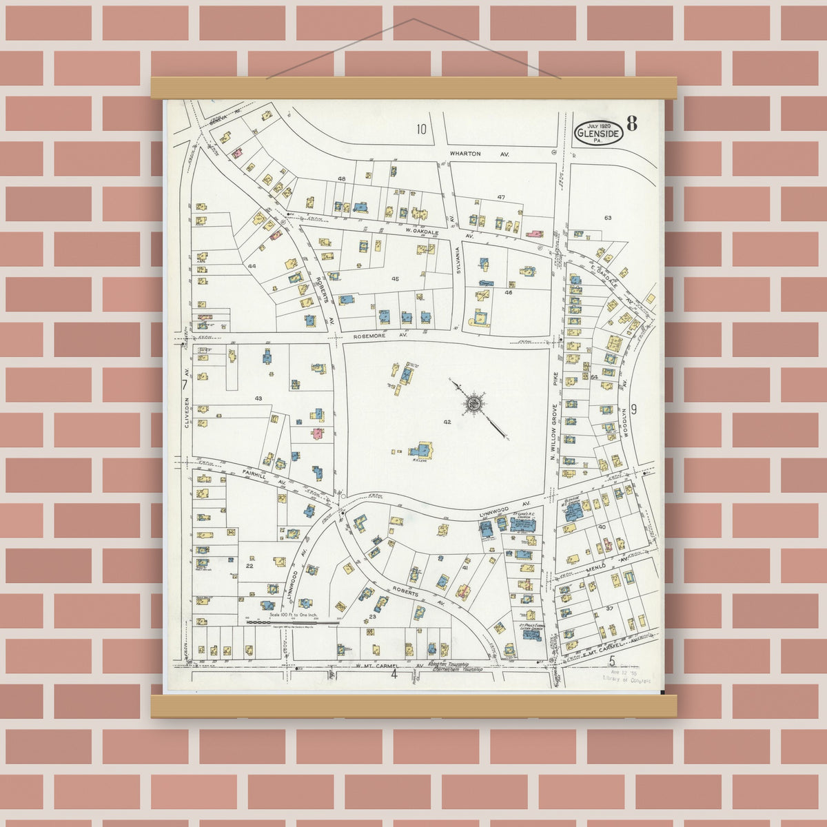 Old map wall art mockup — magnetic wood frame on brick wall — Sanborn Fire Insurance Map from Glenside, Montgomery County, Pennsylvania (1920), Sheet #0008