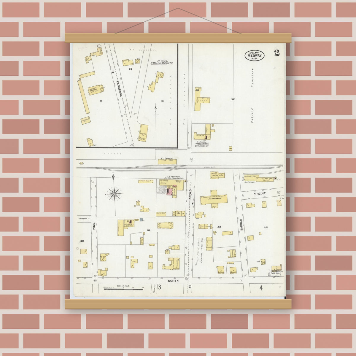 Old map wall art mockup — magnetic wood frame on brick wall — Sanborn Fire Insurance Map from Medway, Norfolk County, Massachusetts (1903), Sheet #0002