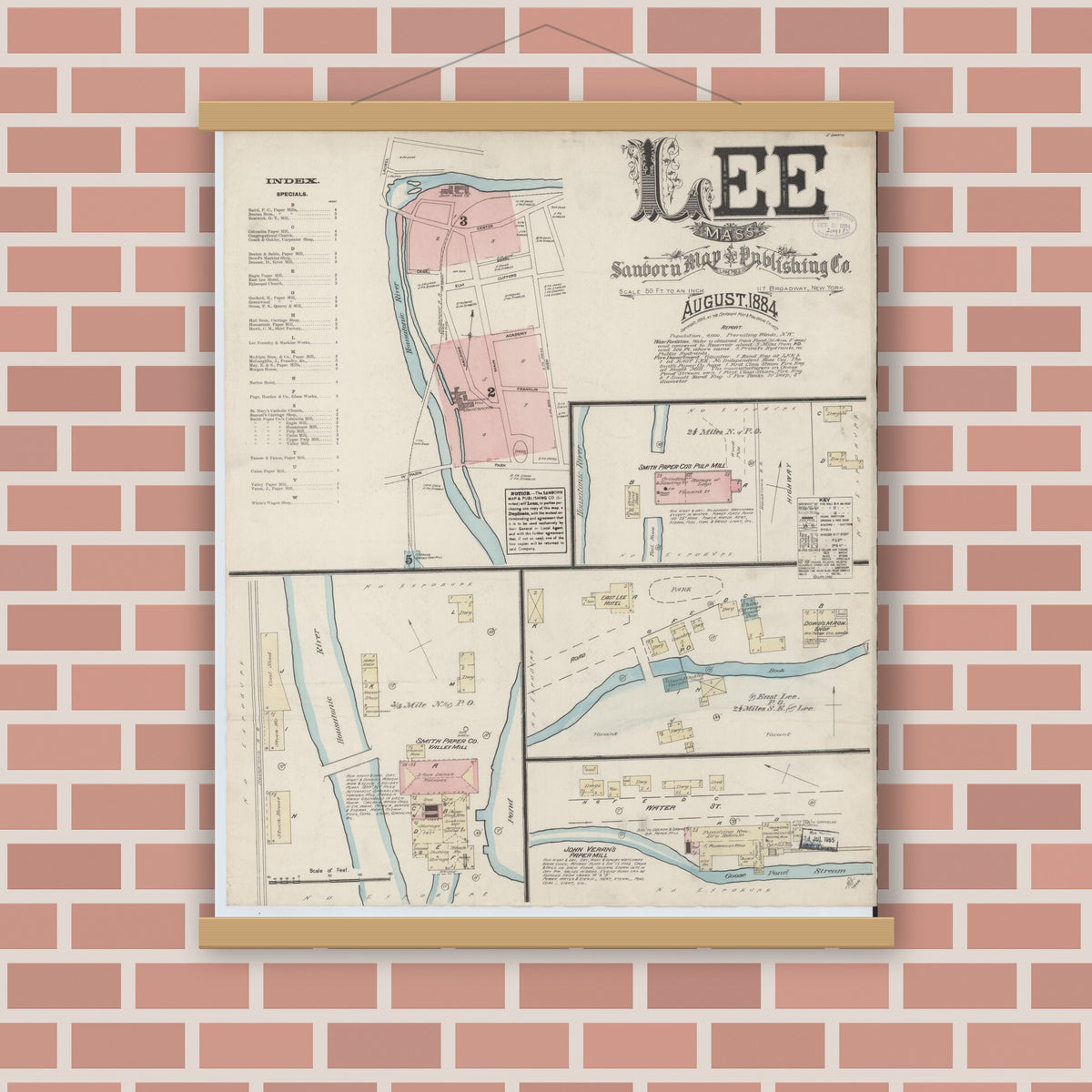 Old map wall art mockup — magnetic wood frame on brick wall — Sanborn Fire Insurance Map from Lee, Berkshire County, Massachusetts (1884), Sheet #0001