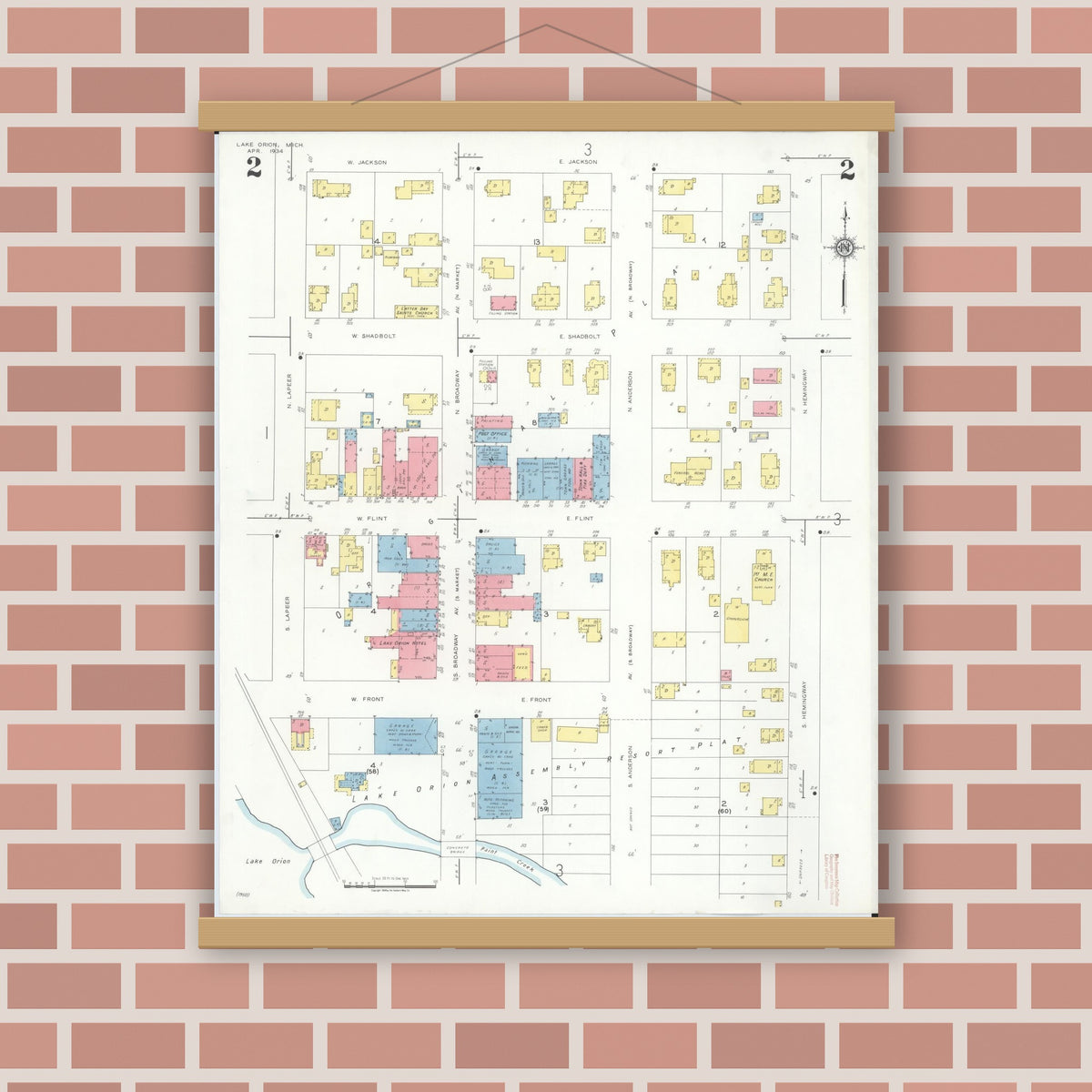 Old map wall art mockup — magnetic wood frame on brick wall — Sanborn Fire Insurance Map from Lake Orion, Oakland County, Michigan (1934), Sheet #0002