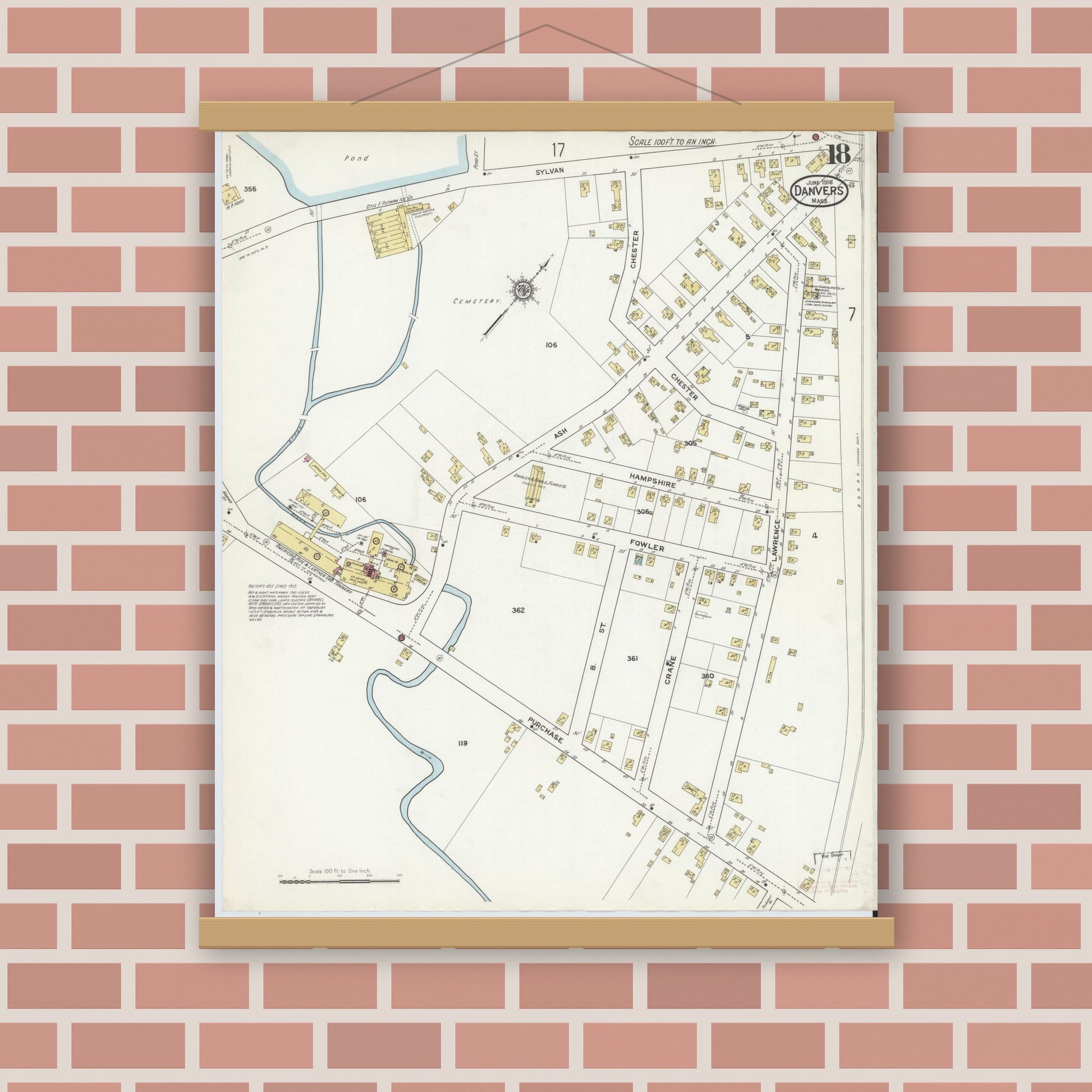 Old map wall art mockup — magnetic wood frame on brick wall — Sanborn Fire Insurance Map from Danvers, Essex County, Massachusetts (1916), Sheet #0018