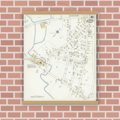 Old map wall art mockup — magnetic wood frame on brick wall — Sanborn Fire Insurance Map from Danvers, Essex County, Massachusetts (1916), Sheet #0018