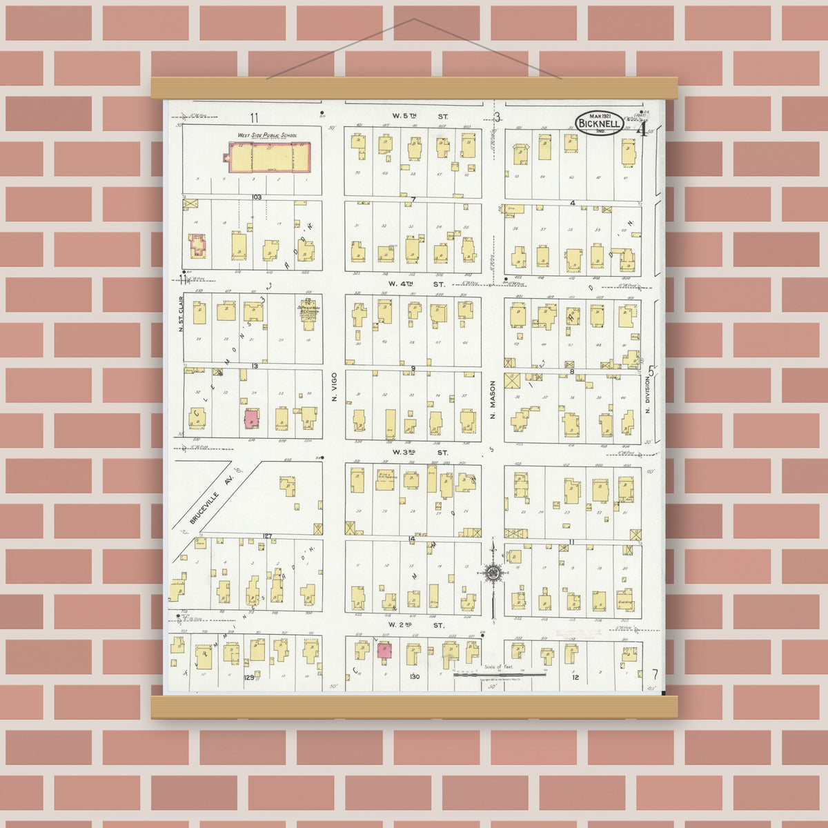Old map wall art mockup — magnetic wood frame on brick wall — Sanborn Fire Insurance Map from Bicknell, Knox County, Indiana (1921), Sheet #0004