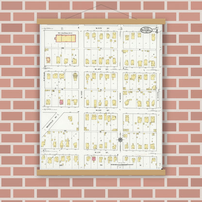 Old map wall art mockup — magnetic wood frame on brick wall — Sanborn Fire Insurance Map from Bicknell, Knox County, Indiana (1921), Sheet #0004