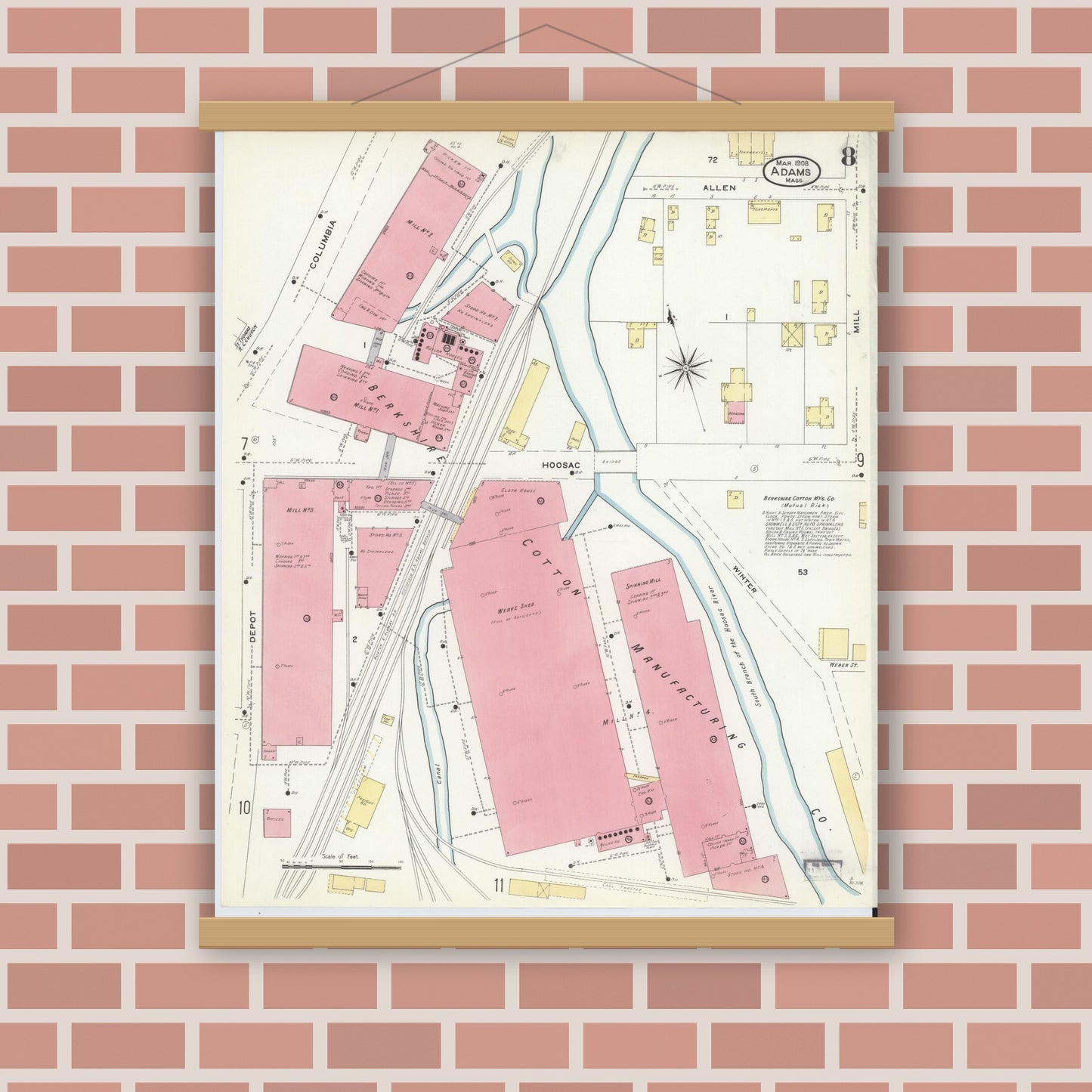 Old map wall art mockup — magnetic wood frame on brick wall — Sanborn Fire Insurance Map from Adams, Berkshire County, Massachusetts (1908), Sheet #0008