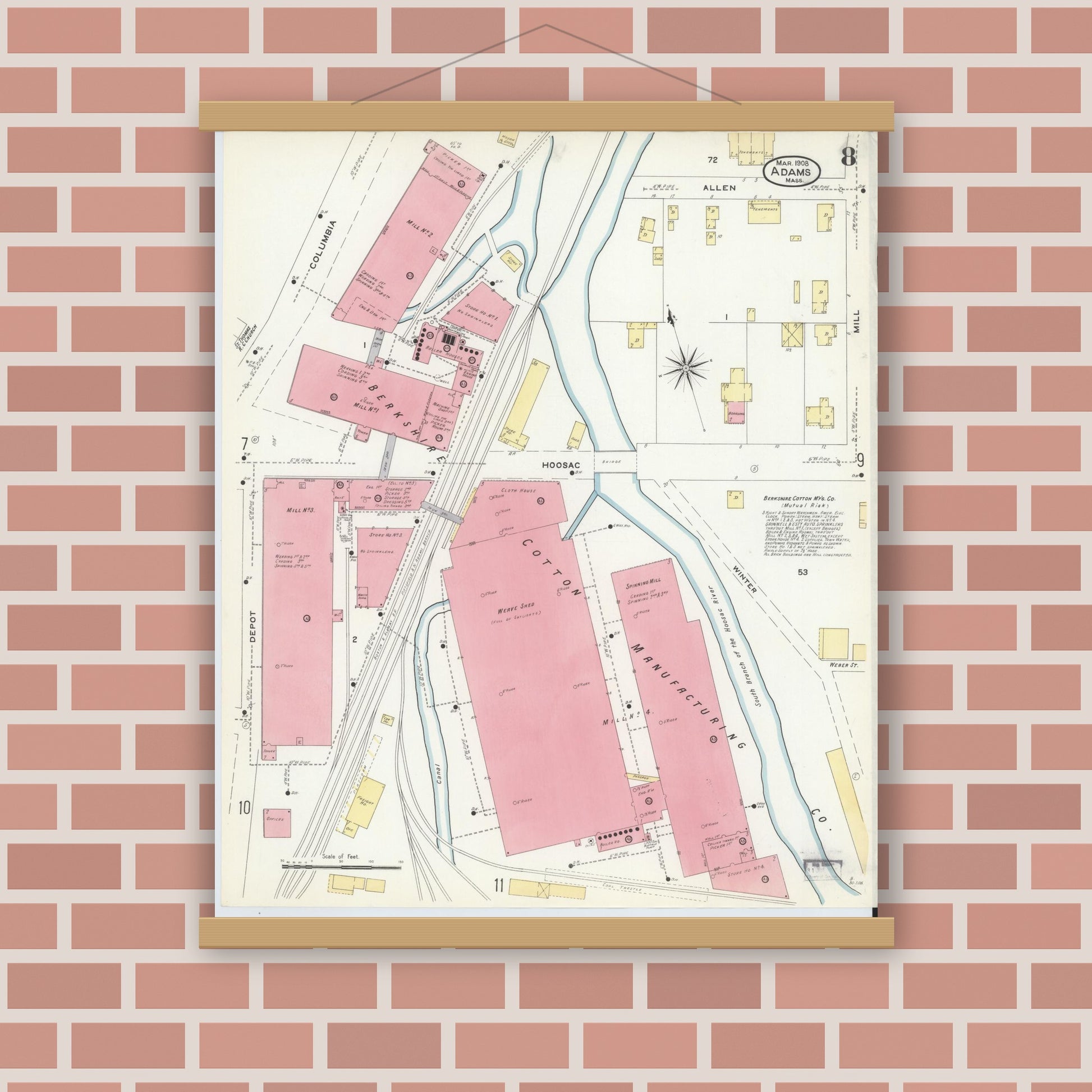 Old map wall art mockup — magnetic wood frame on brick wall — Sanborn Fire Insurance Map from Adams, Berkshire County, Massachusetts (1908), Sheet #0008