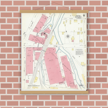 Old map wall art mockup — magnetic wood frame on brick wall — Sanborn Fire Insurance Map from Adams, Berkshire County, Massachusetts (1908), Sheet #0008