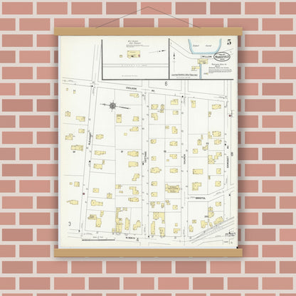 Old map wall art mockup — magnetic wood frame on brick wall — Sanborn Fire Insurance Map from Mansfield, Bristol County, Massachusetts (1911), Sheet #0005