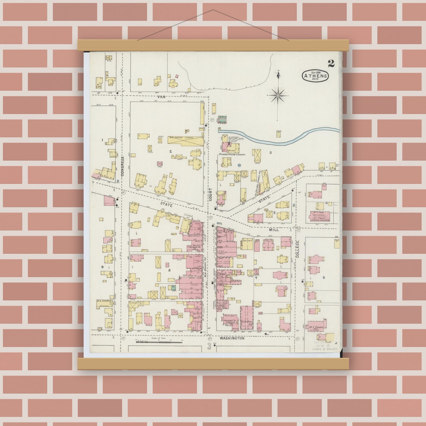 Old map wall art mockup — magnetic wood frame on brick wall — Sanborn Fire Insurance Map from Athens, Athens County, Ohio (1895), Sheet #0002