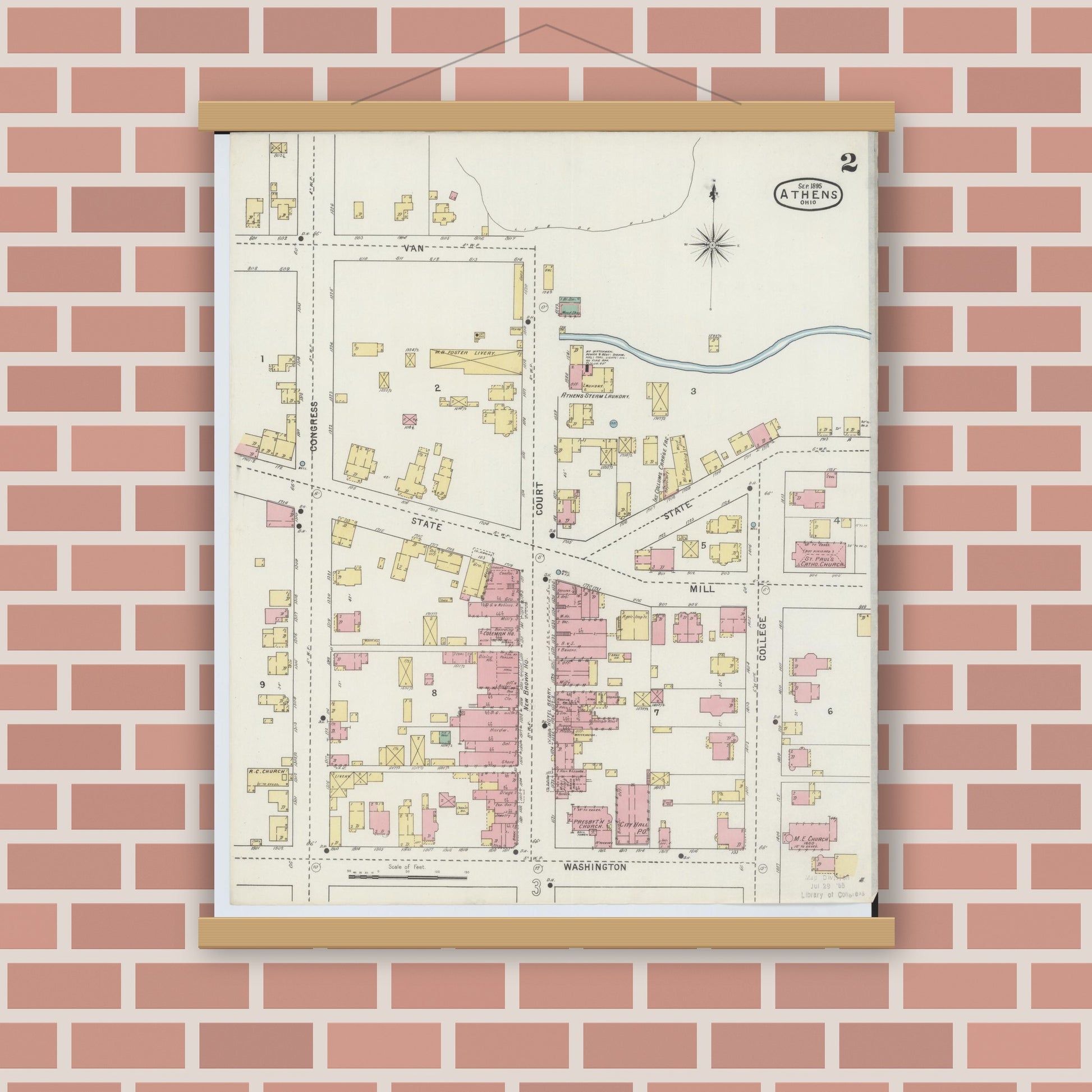 Old map wall art mockup — magnetic wood frame on brick wall — Sanborn Fire Insurance Map from Athens, Athens County, Ohio (1895), Sheet #0002