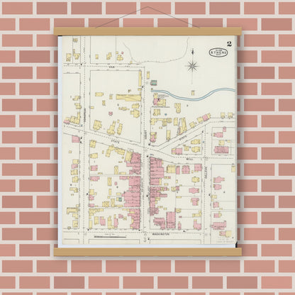 Old map wall art mockup — magnetic wood frame on brick wall — Sanborn Fire Insurance Map from Athens, Athens County, Ohio (1895), Sheet #0002