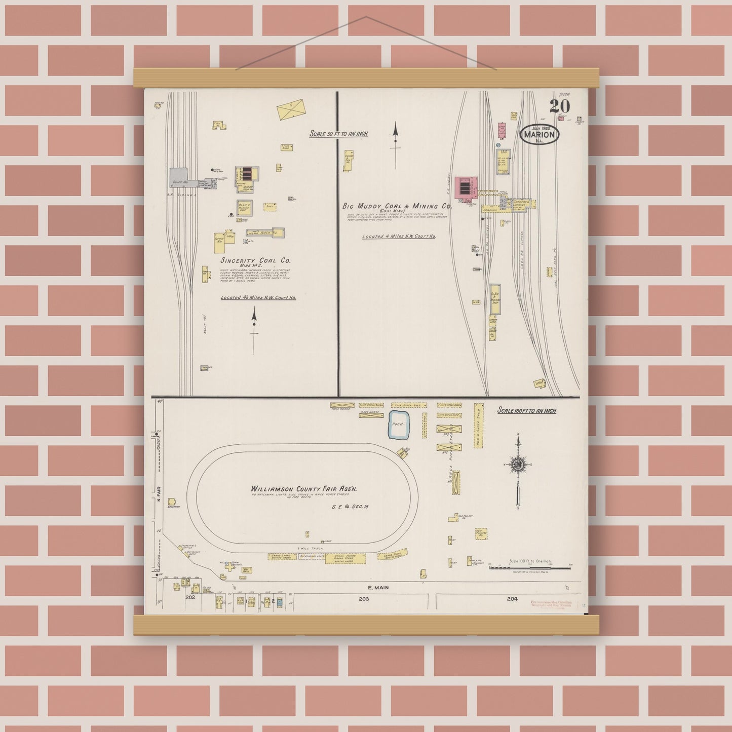 Old map wall art mockup — magnetic wood frame on brick wall — Sanborn Fire Insurance Map from Marion, Williamson County, Illinois (1922), Sheet #0020