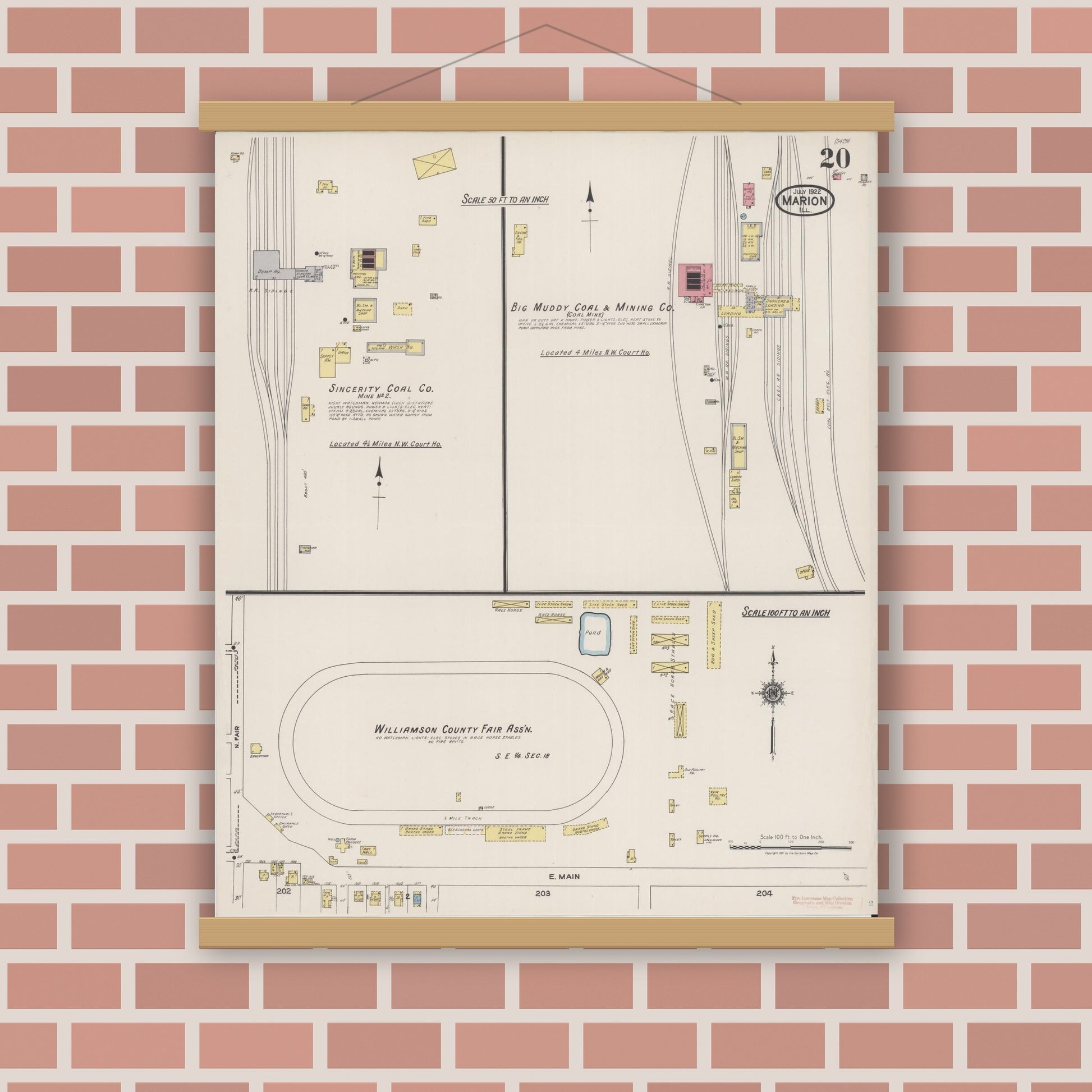 Old map wall art mockup — magnetic wood frame on brick wall — Sanborn Fire Insurance Map from Marion, Williamson County, Illinois (1922), Sheet #0020