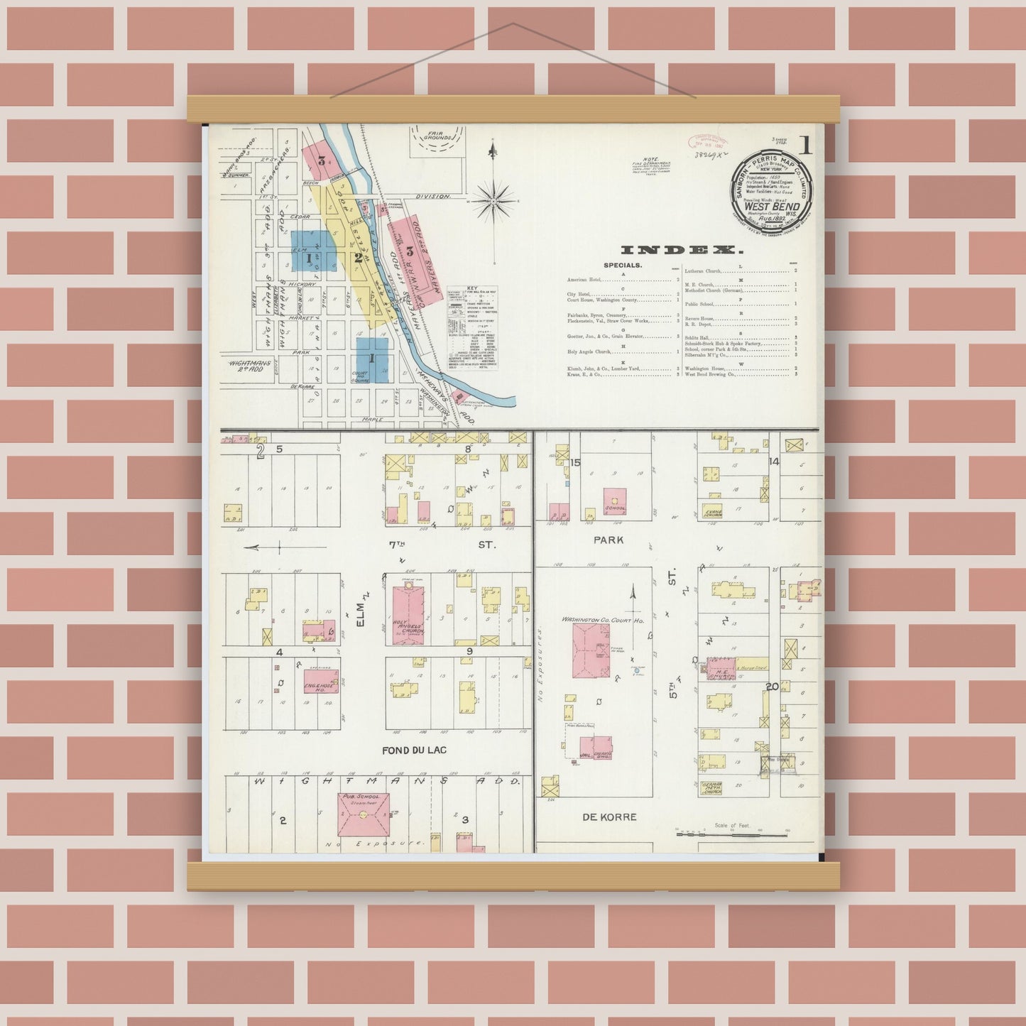 Old map wall art mockup — magnetic wood frame on brick wall — Sanborn Fire Insurance Map from West Bend, Washington County, Wisconsin (1892), Sheet #0001