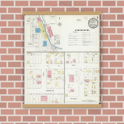Old map wall art mockup — magnetic wood frame on brick wall — Sanborn Fire Insurance Map from West Bend, Washington County, Wisconsin (1892), Sheet #0001